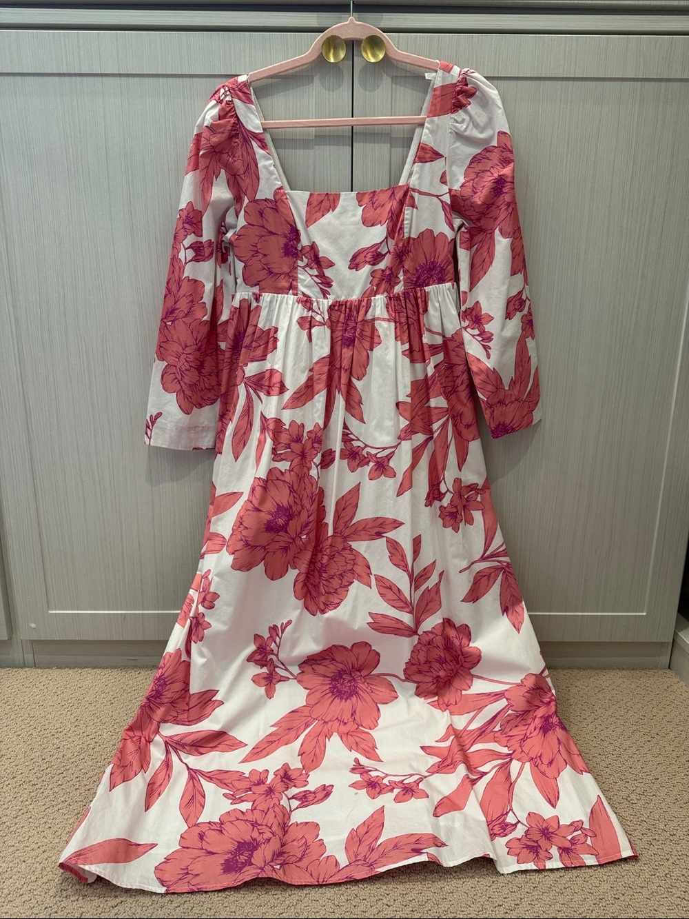 White Maxi Dress with Pink Floral Print and Square Neck